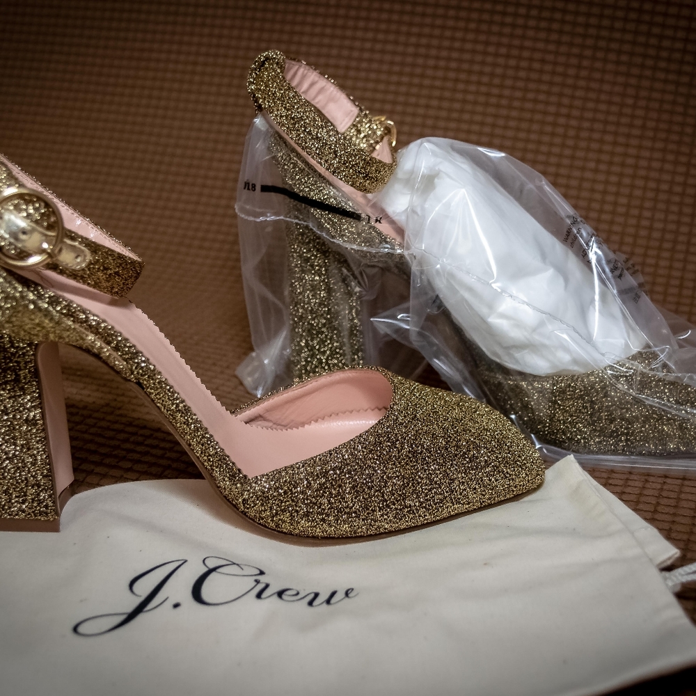 J.Crew Harlow Ankle-Strap Pump in Gold Lurex